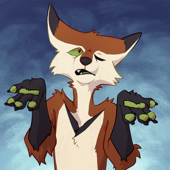 A digital illustration of an anthropomorphic Red Fox facing the viewer with an uncertain expression with his hands up, shrugging